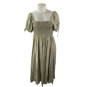 Rylee + Cru Green Floral Square Neck Short Sleeve Smocked Midi A-Line Dress Sz L